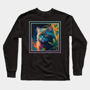 Curious Selkirk Rex Cat Vibrant Tropical Flower Digital Oil Painting Portrait Long Sleeve T-Shirt